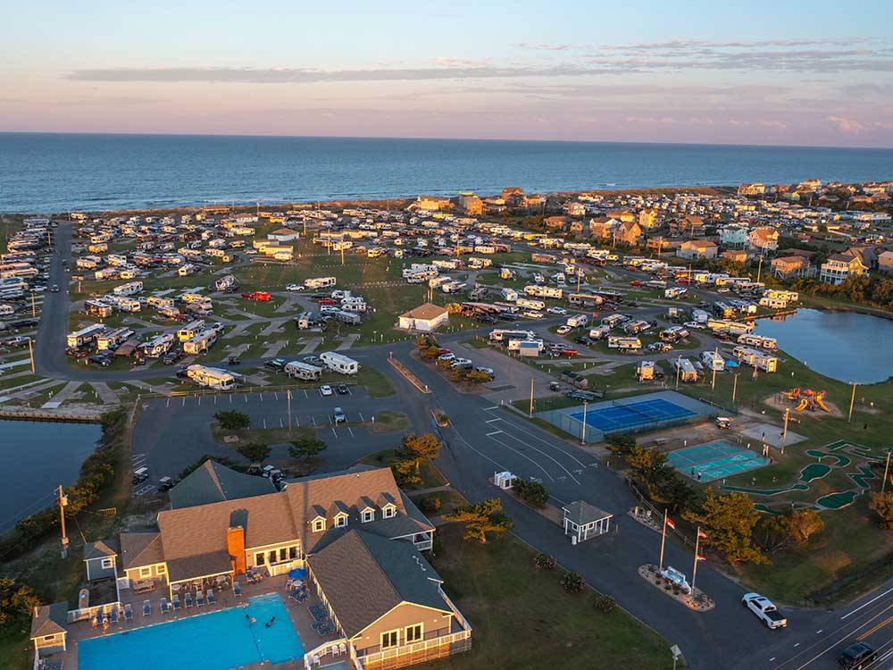 Aerial view of the swimming pool, rec area and sites at CAMP HATTERAS RV RESORT & CAMPGROUND