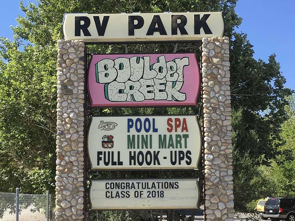 Sign at entrance to RV park at BOULDER CREEK RV RESORT