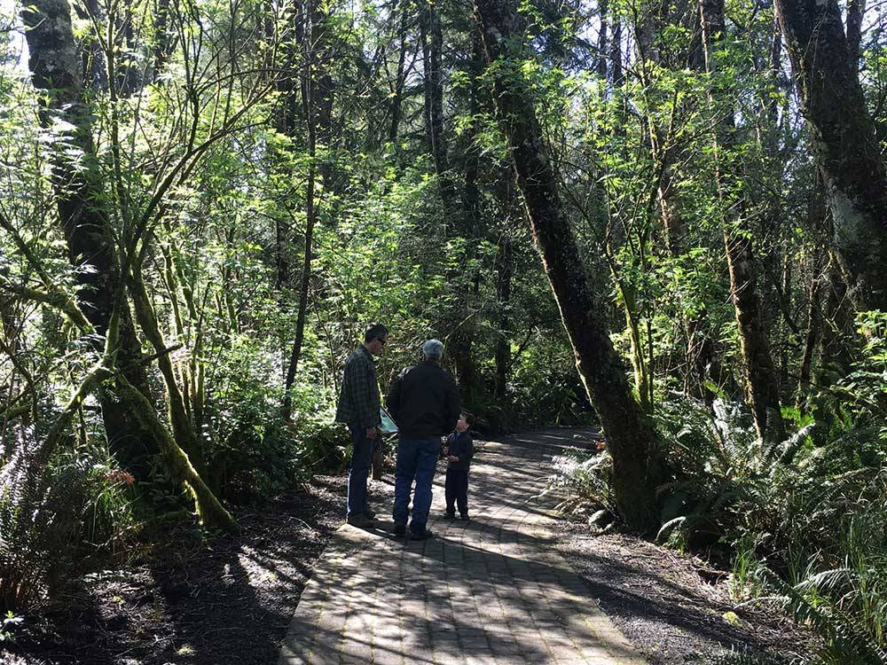 Two men and a boy on a trail in the woods at TILLAMOOK BAY CITY RV PARK