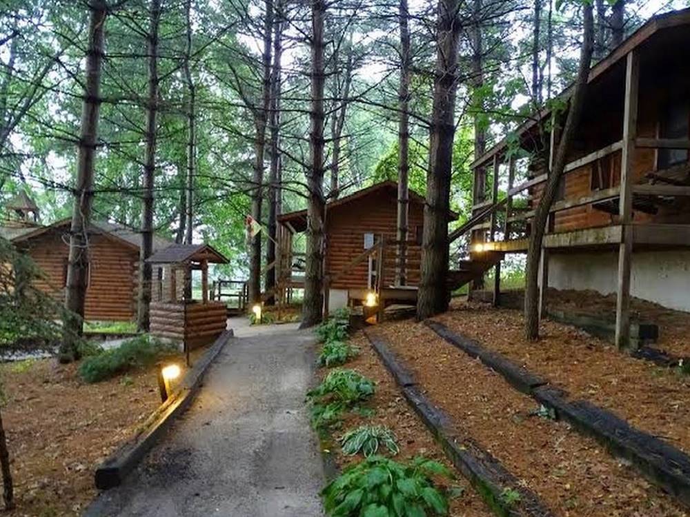 Several cabins on each side at Shipshewana Campground North Park & Amish Log Cabin Lodging