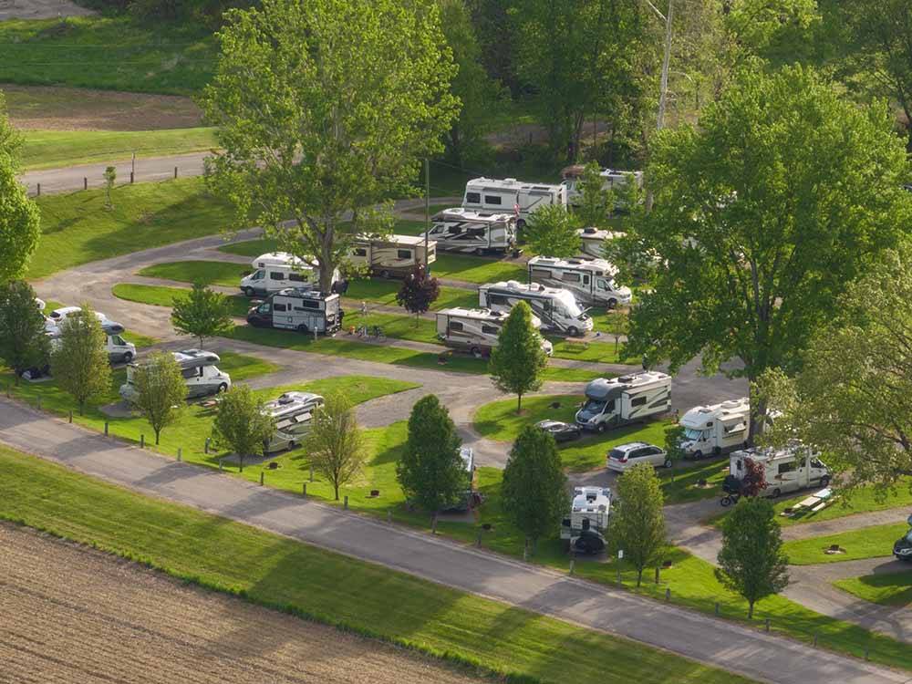 Aerial view of RVs in sites at BAYLOR BEACH PARK WATER PARK & CAMPGROUND