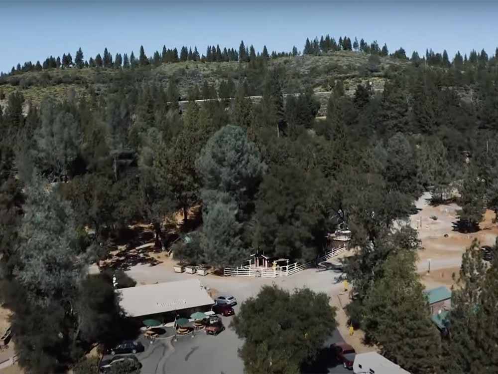 An aerial view of the main building at YOSEMITE PINES RV RESORT AND FAMILY LODGING