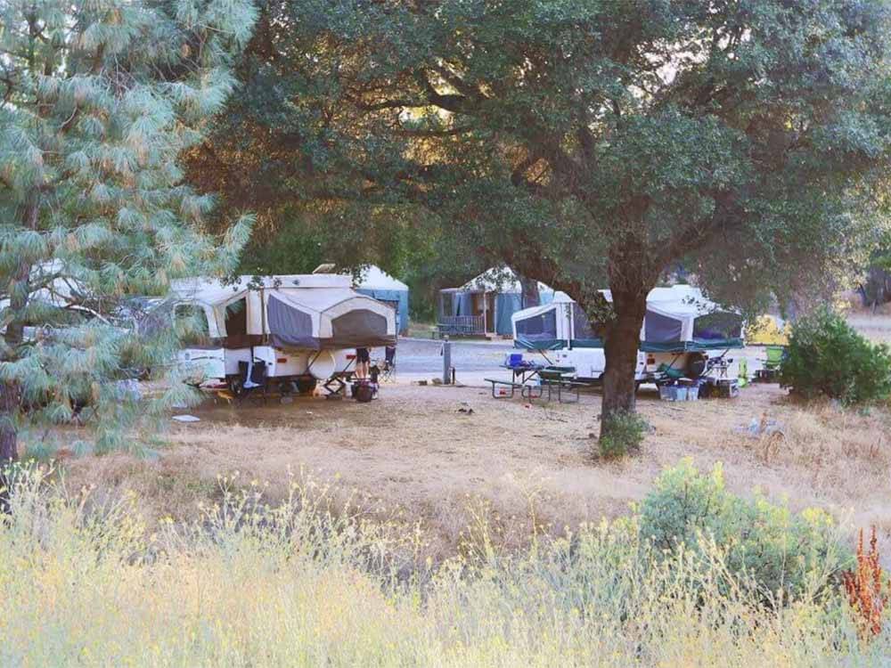 A row of dirt RV sites at YOSEMITE PINES RV RESORT AND FAMILY LODGING