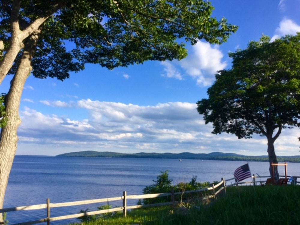 The ocean, trees and blue sky