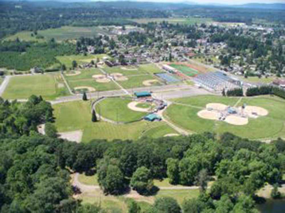 An aerial view of the city at MIDWAY RV PARK