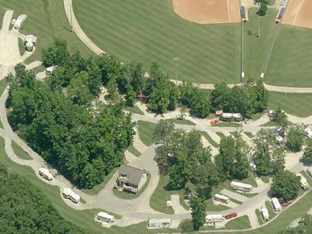 An aerial view of the campsites at AUBURN RV PARK AT LEISURE TIME CAMPGROUND