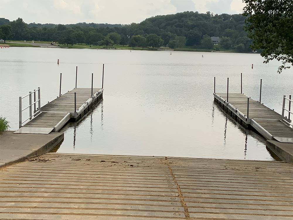 The boat dock on the lake at Lake Byllesby Campground