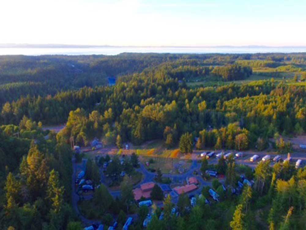 Aerial shot of campground surrounded by forest at ELWHA DAM RV PARK