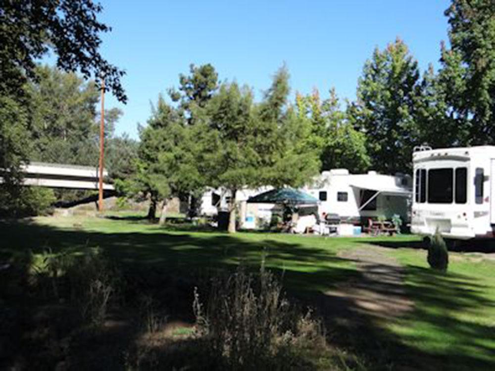 Green lawn, trees, RVs in background at landscape lawn and trees at ON THE RIVER GOLF & RV RESORT