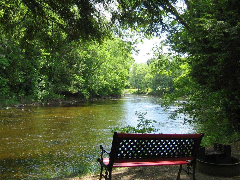 Red bench and fire pit beside flowing river in the woods at LAKE GEORGE SCHROON VALLEY RESORT
