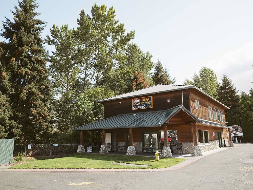 The rustic clubhouse building at VANCOUVER RV PARK