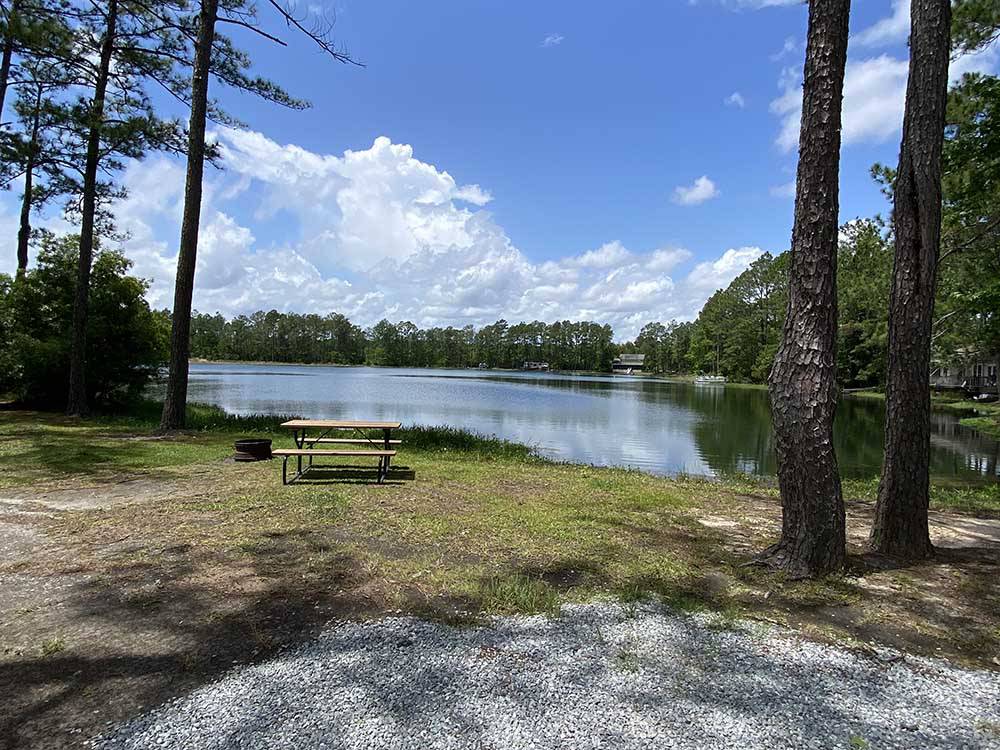 A bench and fire pit next to the lake at LAKE HARMONY RV PARK AND CAMPGROUND