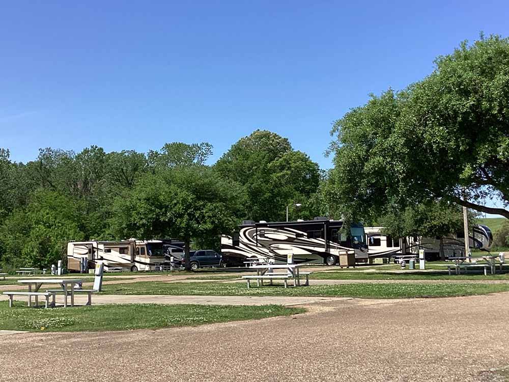 A line of picnic tables at the RV sites at AMERISTAR CASINO & RV PARK