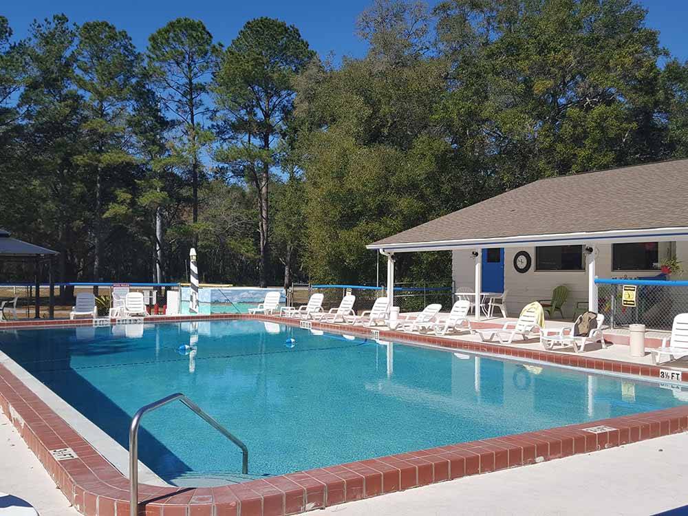 The pool area with chairs at BLUE PARROT RV RESORT