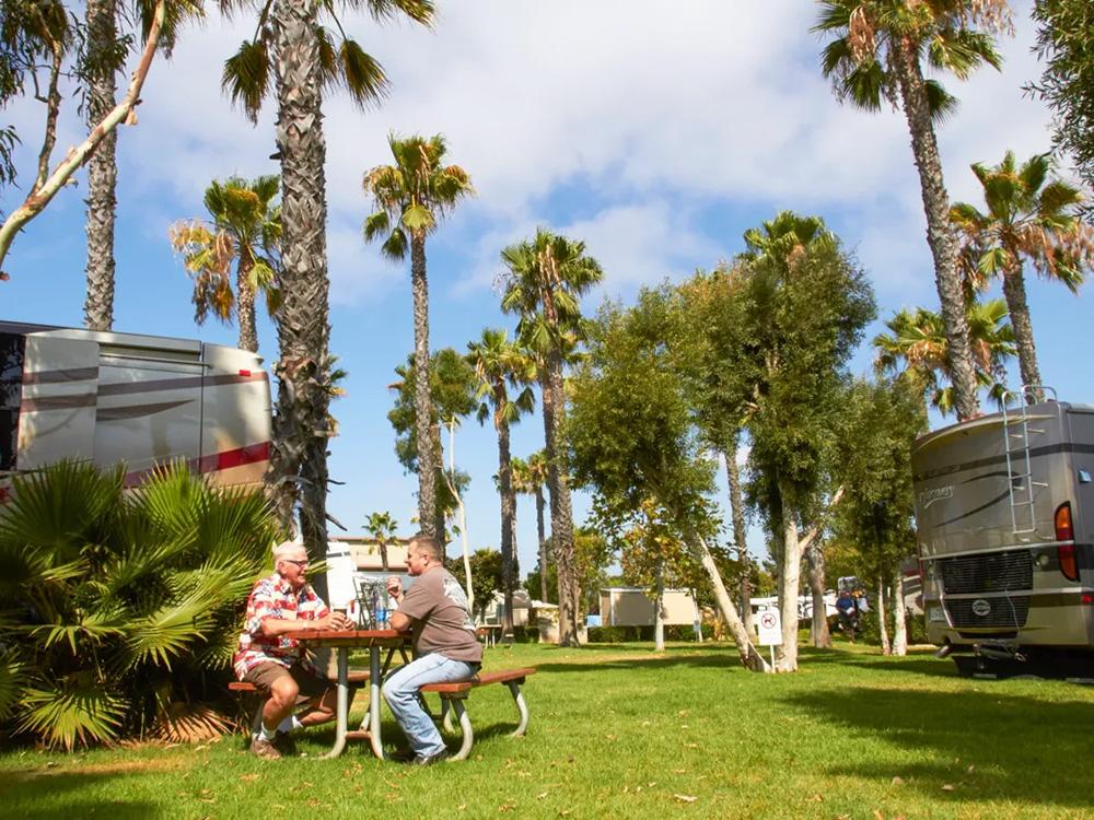 People on picnic bench on lawn near parked RVs at GOLDEN SHORE RV RESORT