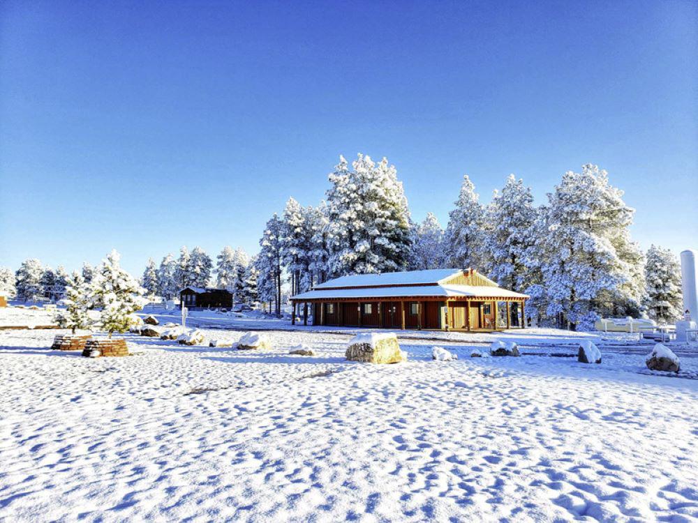 Trees and a building in the snow at HAPPY JACK LODGE & RV RESORT