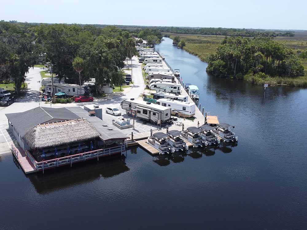 An aerial view of the boat docks at NATURES RESORT