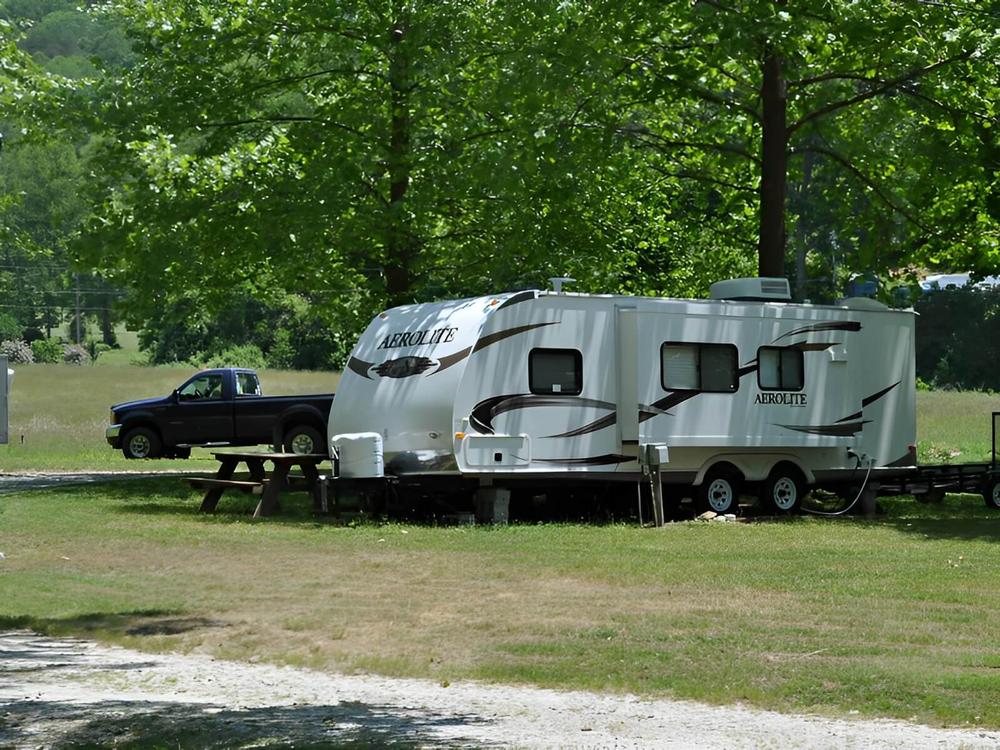 An RV parked in a grassy site