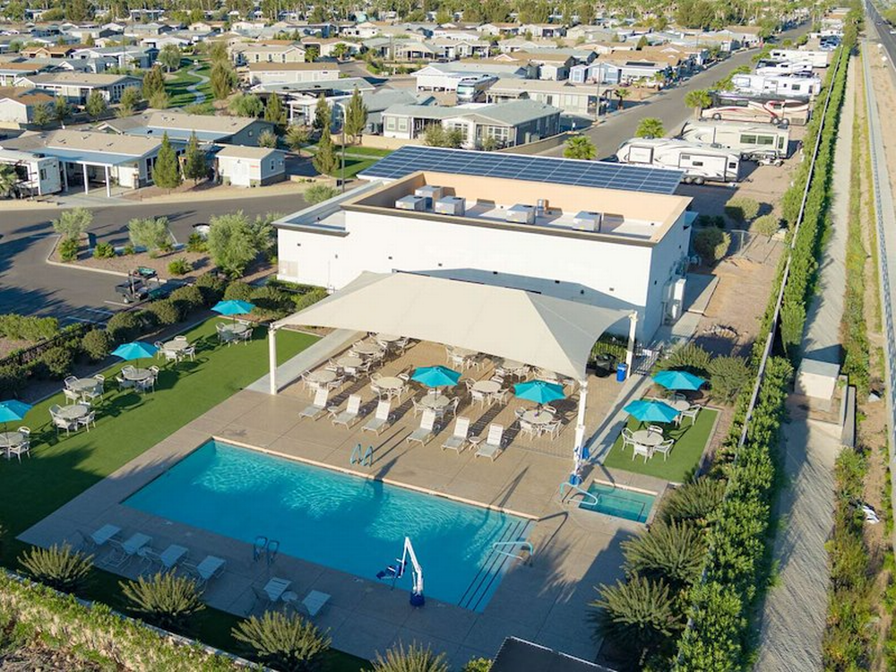 Sky view of the pool at Palm Creek Golf & RV Resort