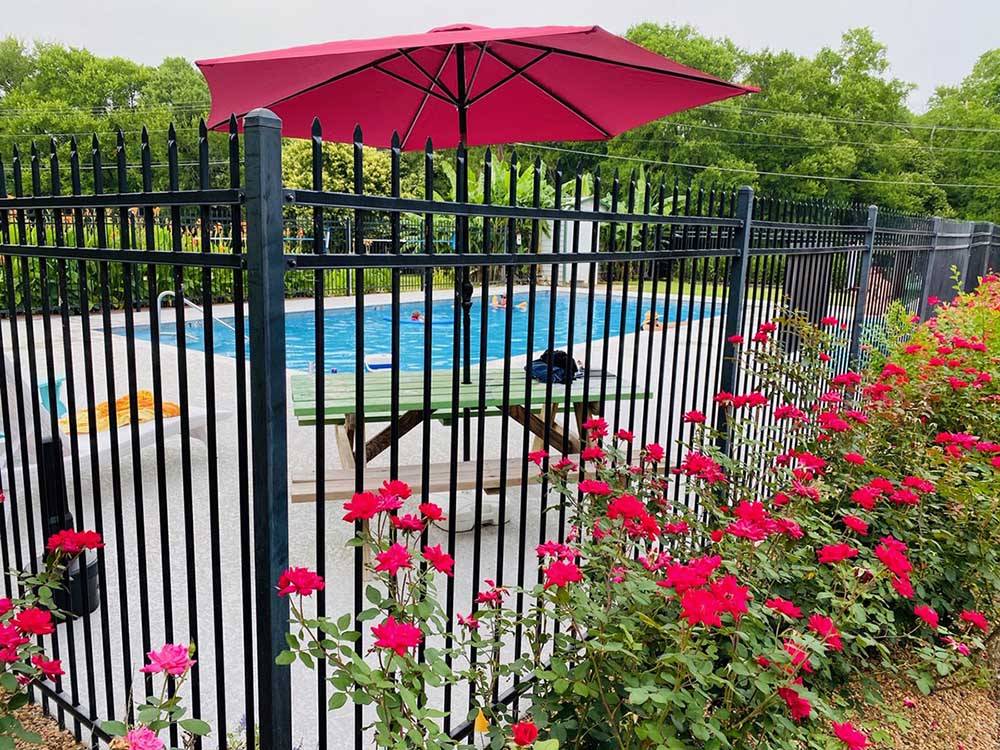 The fenced in pool with a rose bushes at COLORADO LANDING RV PARK
