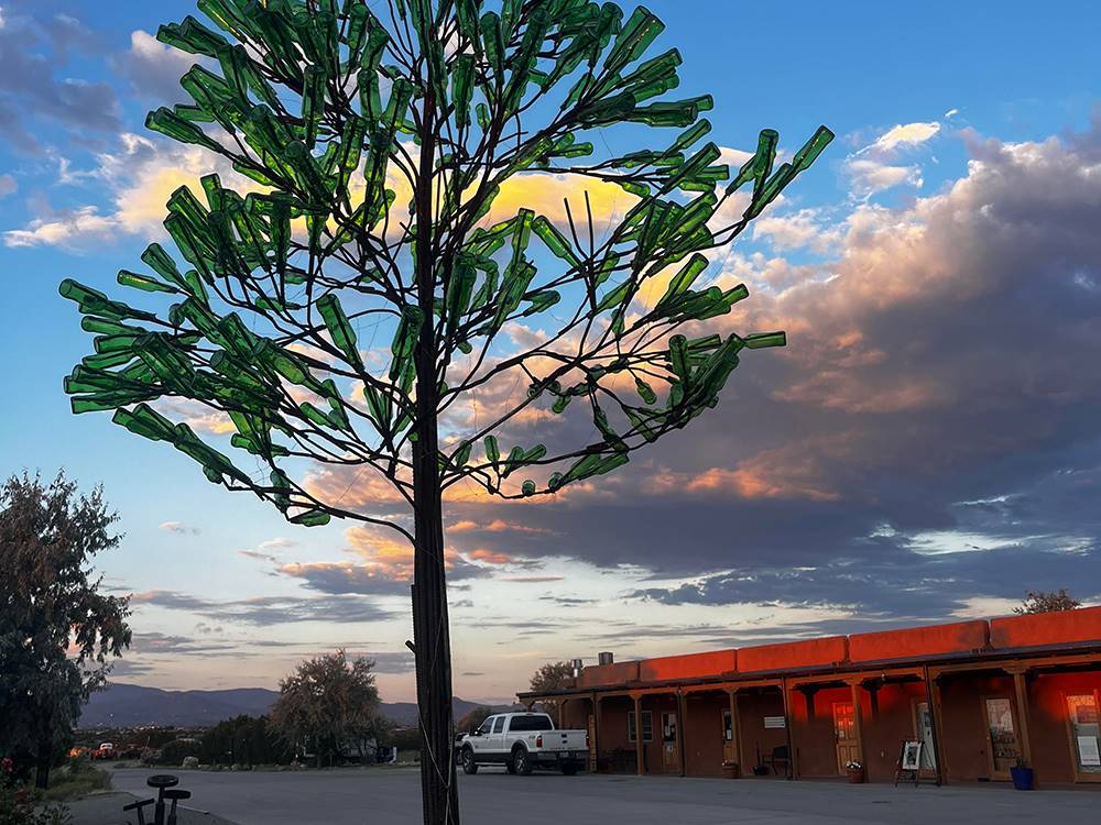 A glass bottle tree at Santa Fe Skies RV Park