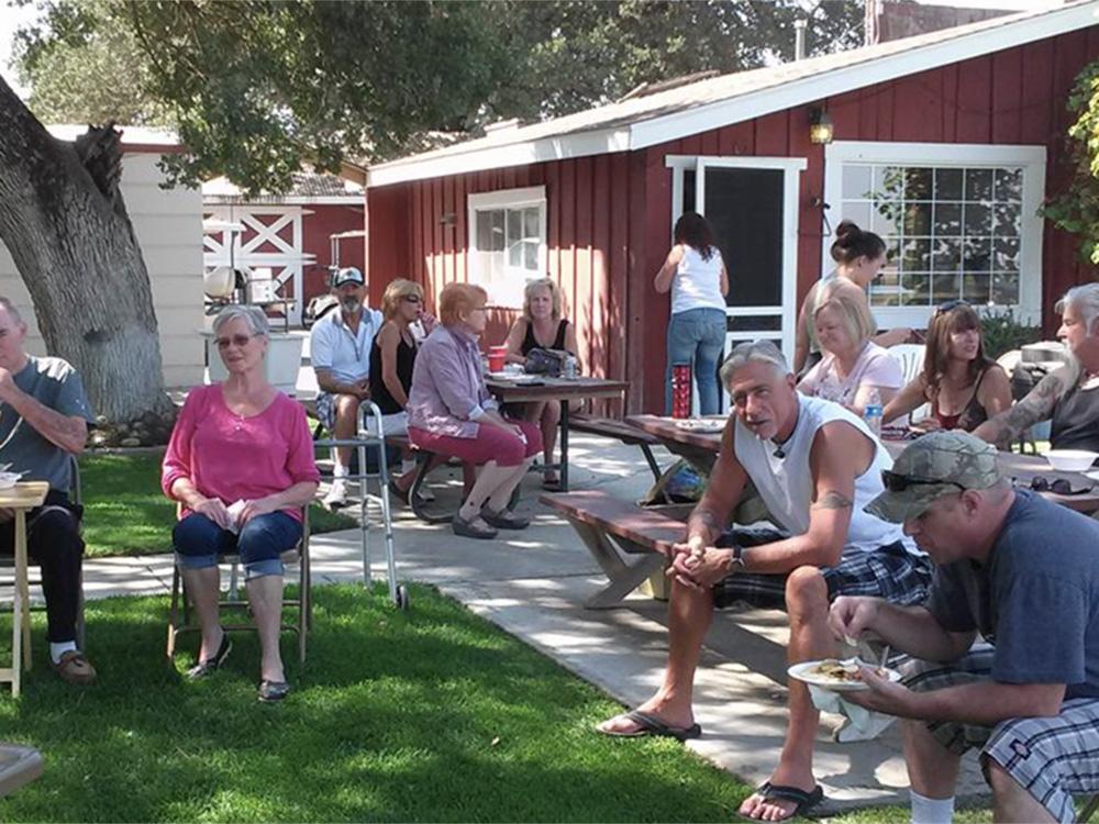 People in a community area sitting under shade trees at PASO ROBLES RV RANCH