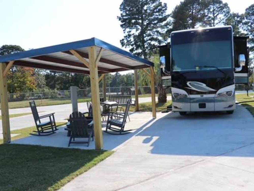 A large RV parked in a site
