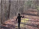 View larger image of A girl with a stick walking on a trail at CAMPFIRE LODGINGS image #8