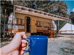 View larger image of A person holding a blue coffee mug at FARM COUNTRY CAMPGROUND image #8