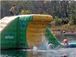 View larger image of Kids jumping off an inflatable climbing wall on the water at CRYSTAL LAKE RV PARK image #7