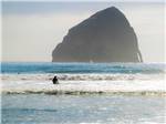 View larger image of Man with paddle in ocean and big rock at PACIFIC CITY RV CAMPING RESORT image #6