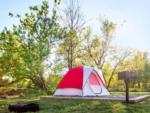 Red and white tent on a gravel site with a bbq pit at PIGEON FORGE LANDING RV RESORT - thumbnail