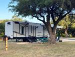 Large travel trailer near a shade tree at LOST MAPLES RV AND CAMPING - thumbnail