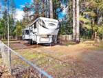 5th wheel parked at a grassy and shaded site at Fox Sparrow RV Resort & Campground - thumbnail