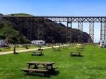 Grassy campsites with bridge in background - thumbnail