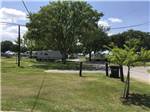 Green grassy area and trees with RVs parked in distance at WEEKS ISLAND RV PARK - thumbnail