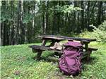 A backpack and shoes on a picnic table - thumbnail