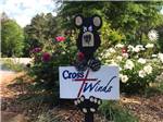 A small Cross Winds sign being held by a wooden bear - thumbnail