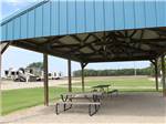 A canopy over picnic tables surrounded by grass at COVERED WAGON RV RESORT - thumbnail