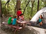 A family sitting at a picnic table at a tent site - thumbnail