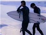 View larger image of A pair of surfers on the beach at SUNSET HARBOR RV PARK image #12