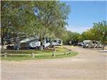 A winding road next to a fifth wheel parked under a large tree at LUBBOCK RV PARK - thumbnail