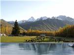 A row of picnic benches with snow capped mountains in the background at MOUNTAIN VIEW RV PARK - thumbnail