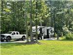 View larger image of A fifth wheel trailer in a gravel RV site with trees at SPRING HILL RV PARK image #1