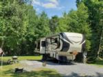 Travel trailer parked on a gravel site surrounded by grass and trees at Spacious Skies Balsam Woods Campground - thumbnail