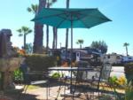 Outdoor table with umbrella near parked RVs at GOLDEN SHORE RV RESORT - thumbnail