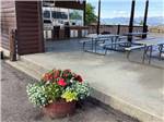 View larger image of The picnic tables at the registration building at FLATHEAD HARBOR RV LUXURY CONDOS AND CABINS FORMERLY EDGEWATER RESORT image #2