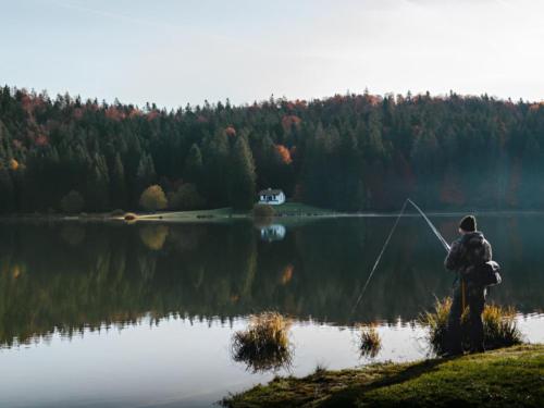 A man fishing in a lake