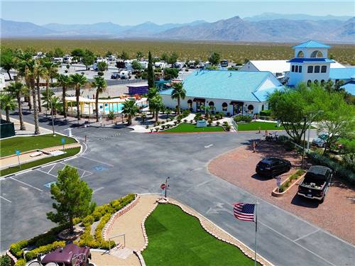 Aerial shot of the RV sites and the tennis courts at WINE RIDGE RV RESORT & COTTAGES