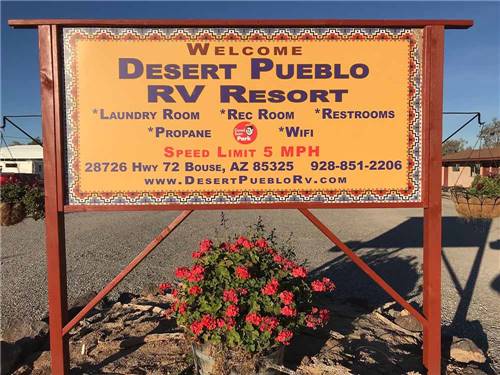 The front entrance sign at DESERT PUEBLO RV RESORT